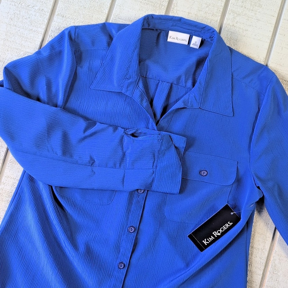 Kim Rogers Dress Blouse Womens Small Blue Muse Button Up Polyester L/S Shirt New